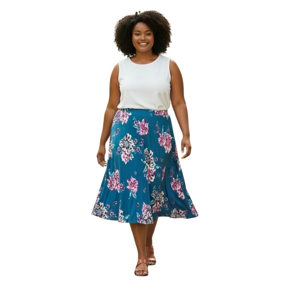 Terra & Sky Teal Pink Purple Floral Midi Slip Skirt Pull On 2X NWT